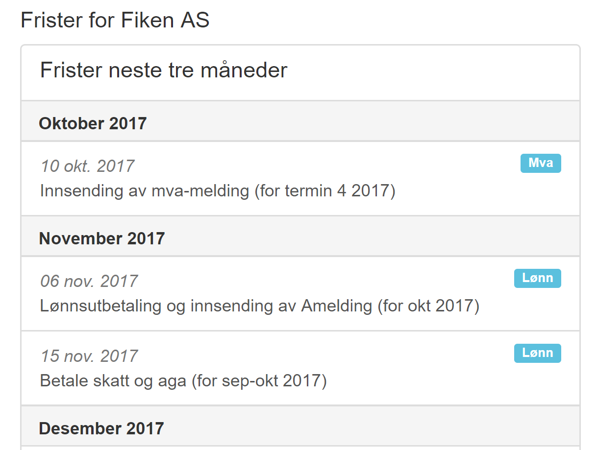 Skjermbilde fra Fiken som viser frister for Fiken AS