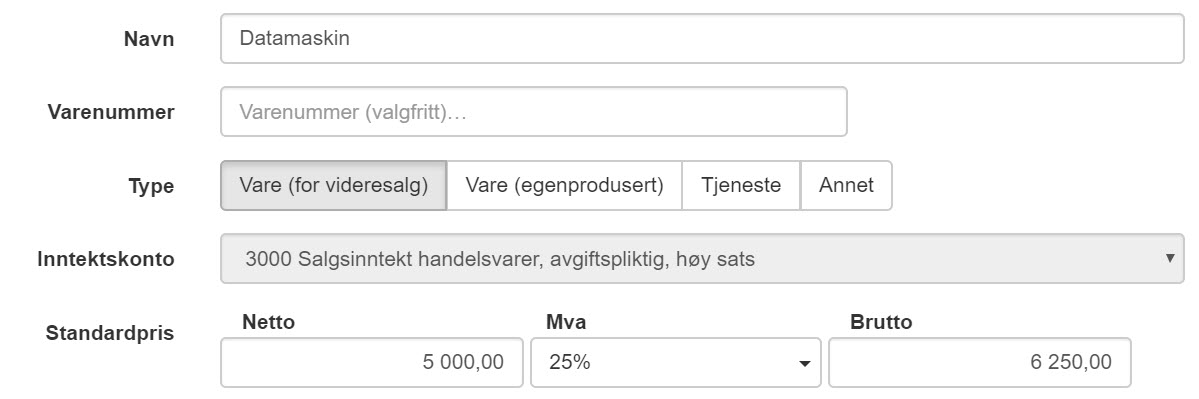 Skjermbilde fra Fiken som viser automatisk valg av inntekskonto