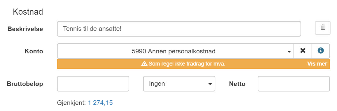 Skjermbilde fra Fiken som viser automatisk valg av inntekskonto