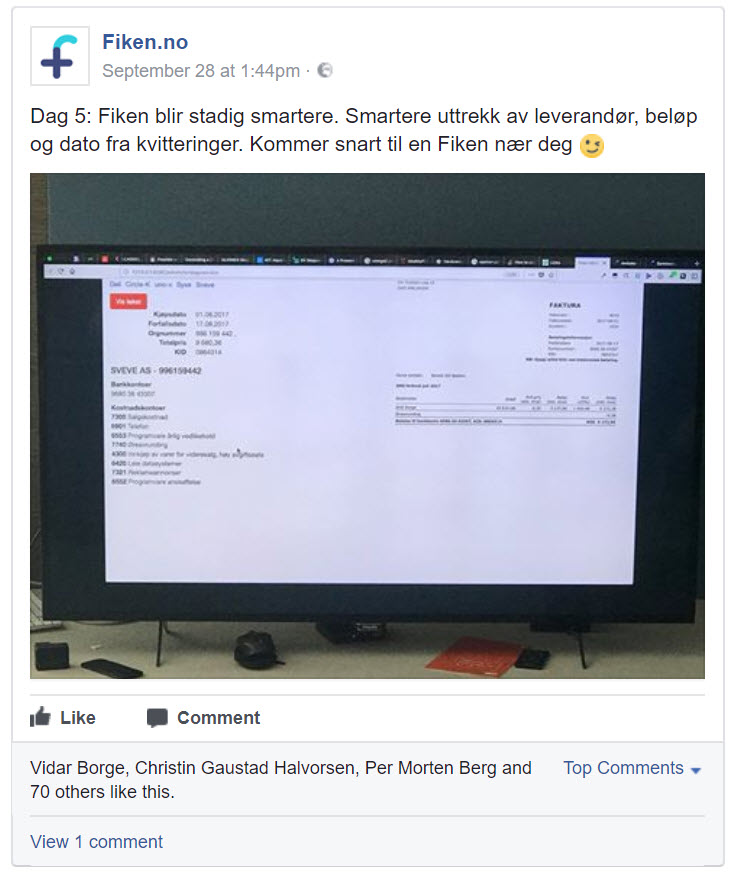 Skjermbilde fra Fiken som viser automatisk valg av inntekskonto