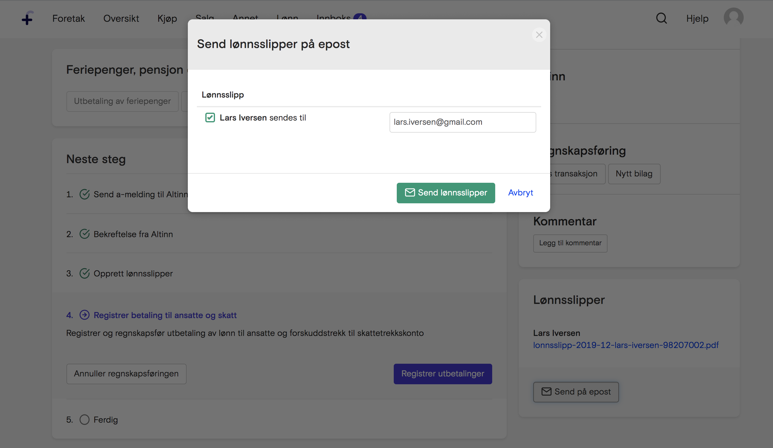 Skjermbilde som viser utsending av lønnsslipp