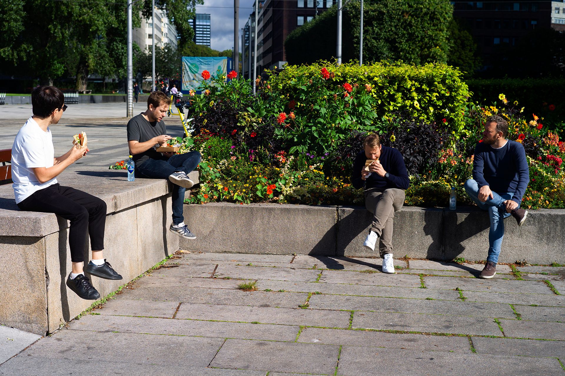 Fotografi av fire Fiken-ansatte som spiser lunsj på Aker Brygge.