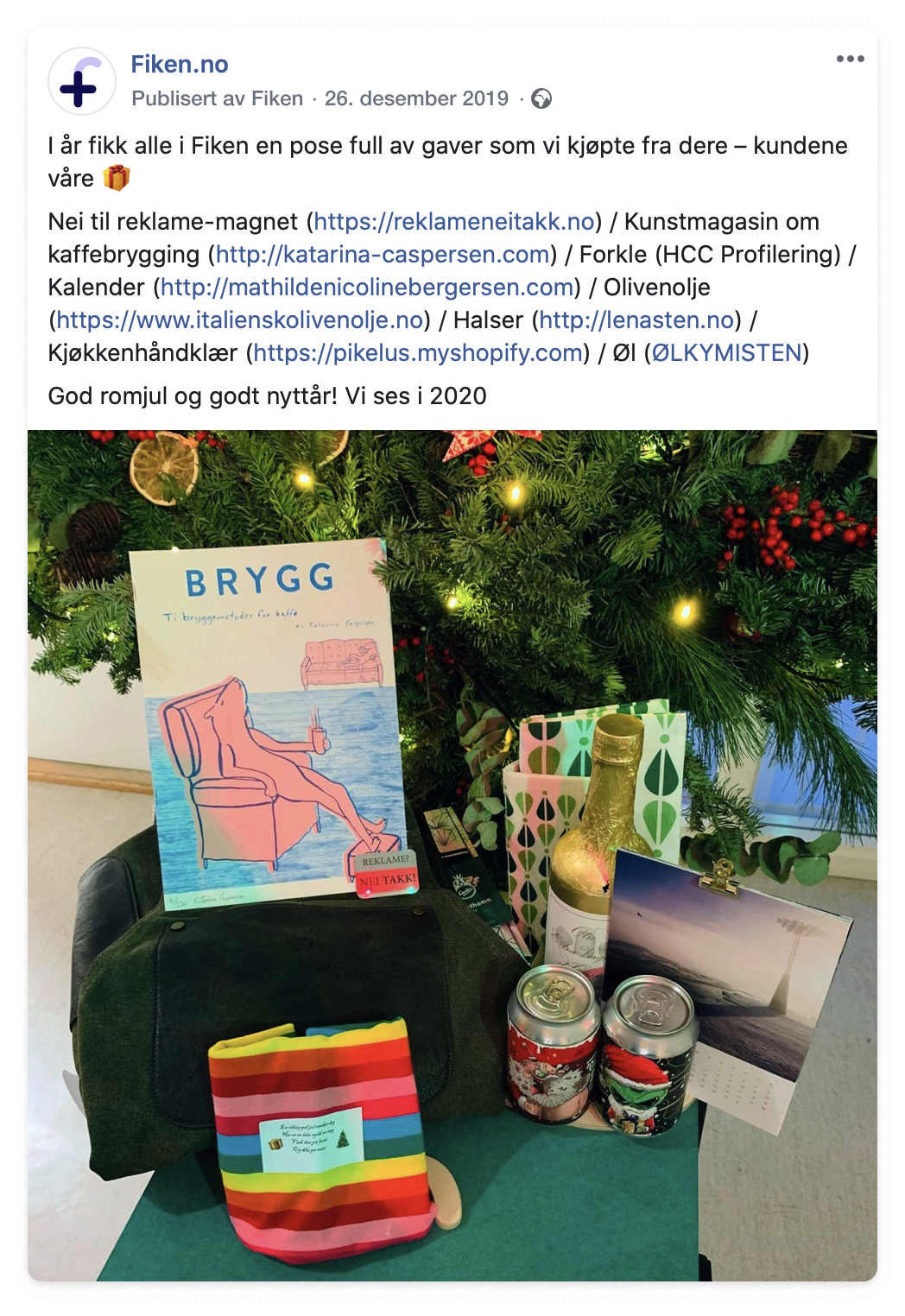 Bilde som viser julegavene Fiken kjøpte fra kundene sine i 2019
