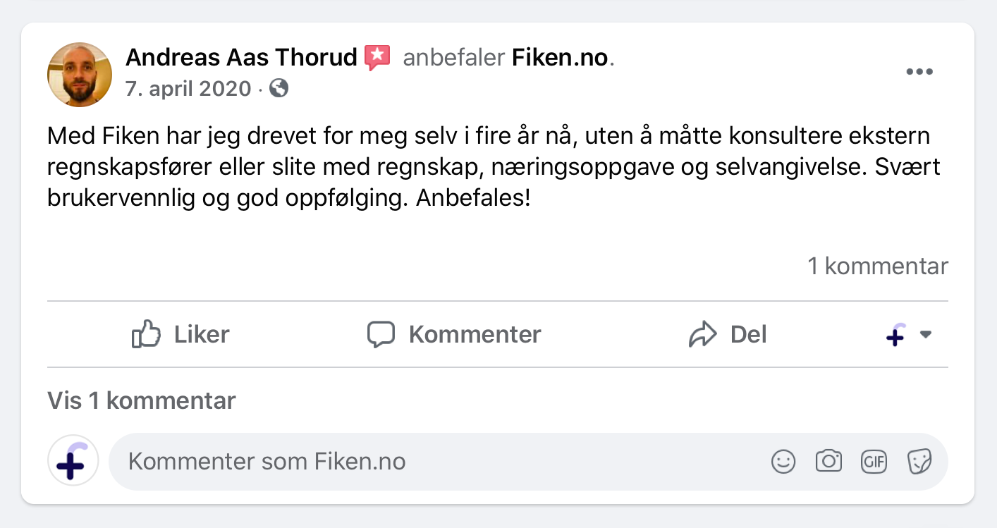 Skjermbilde av en postiv anmeldelse av Fiken fra Facebook