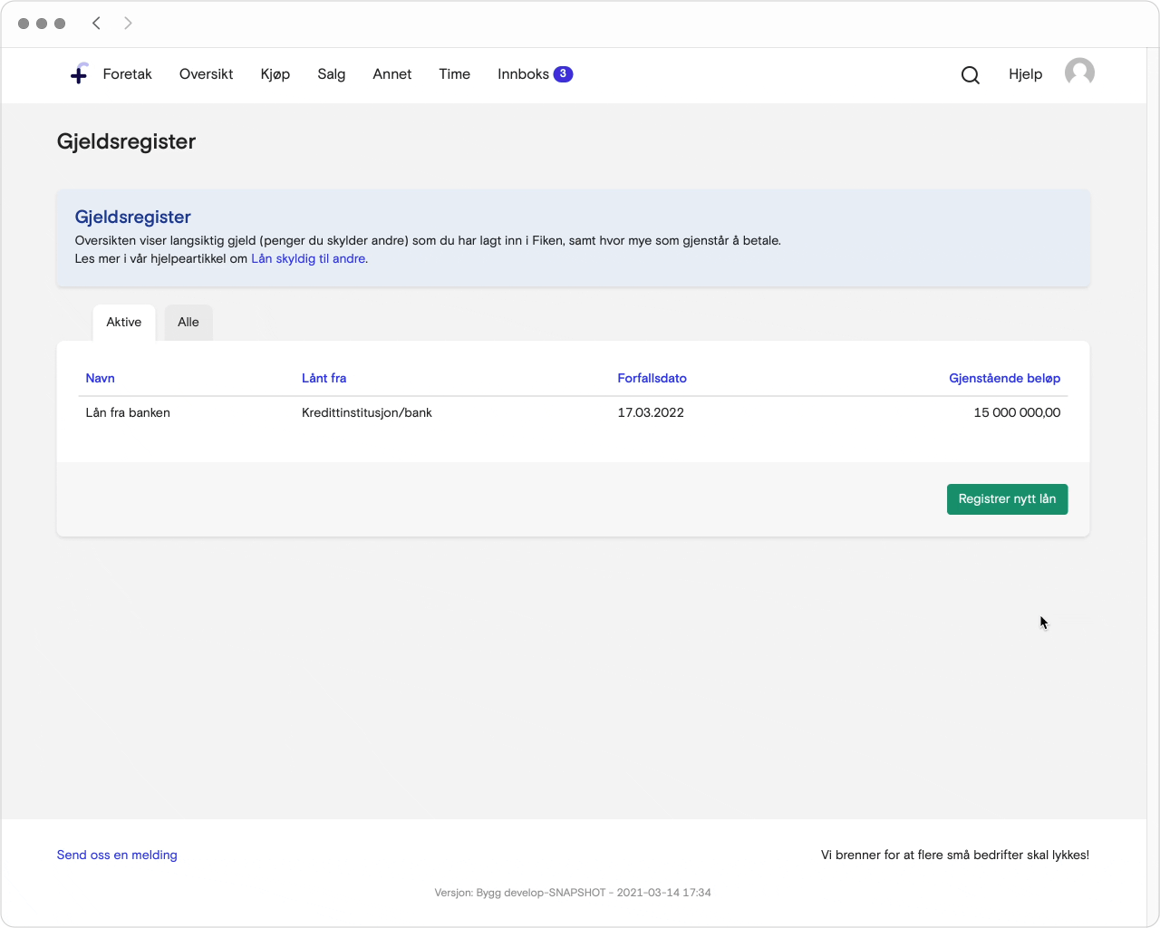 GIF som viser registering av gjeld/lån i Fiken.