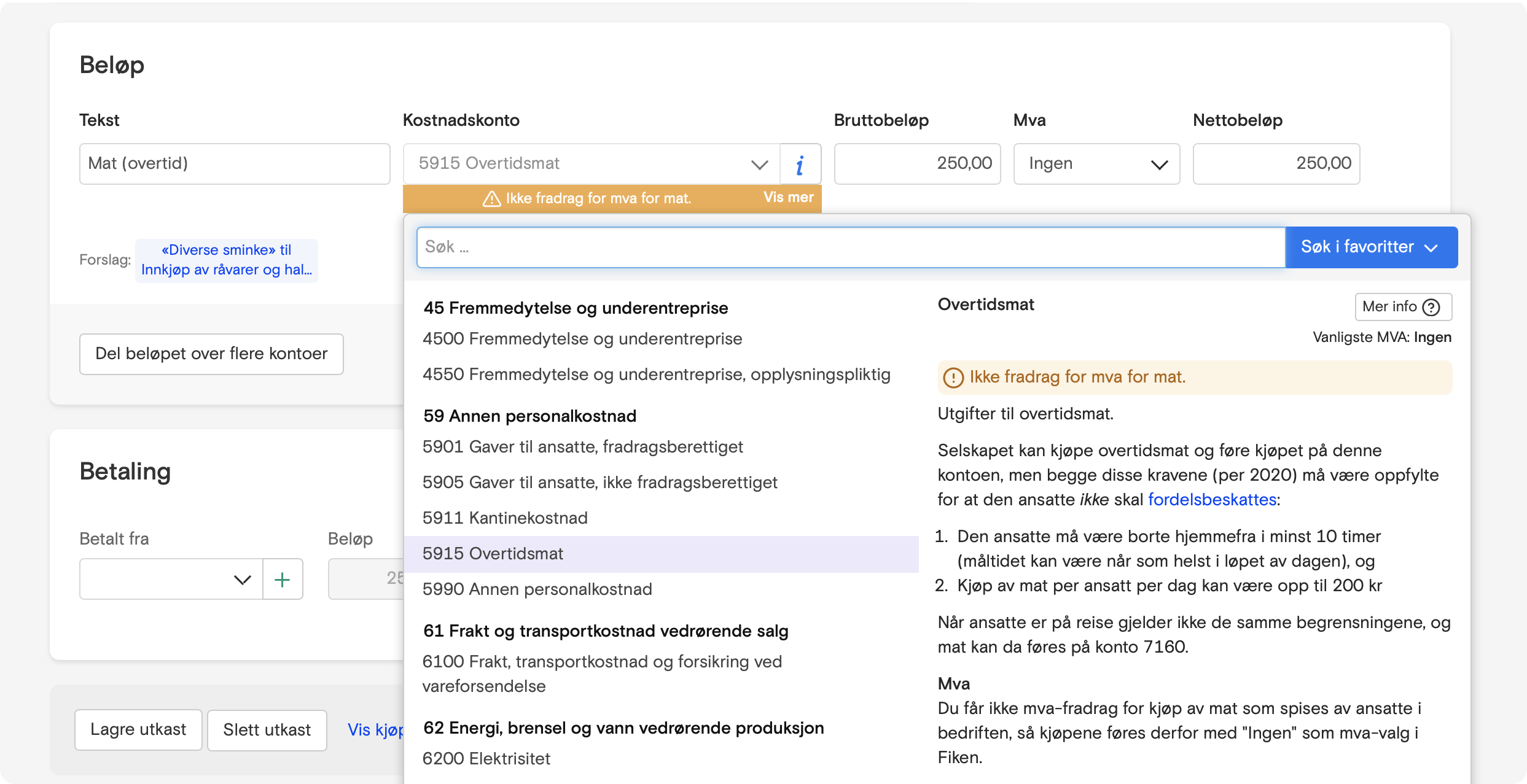 Skjermbilde fra Fiken som viser en advarsel om at det ikke er mva på mat