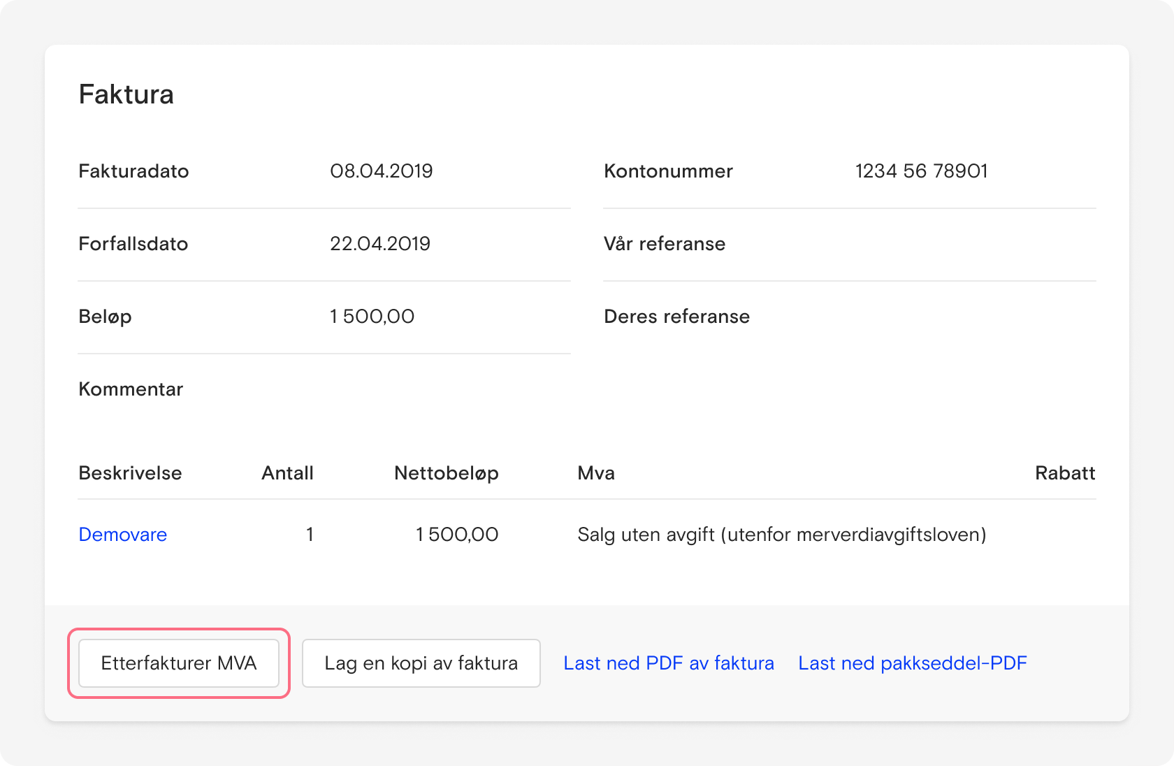 Skjermbildet som viser etterfaktuerings-tknapp i Fiken