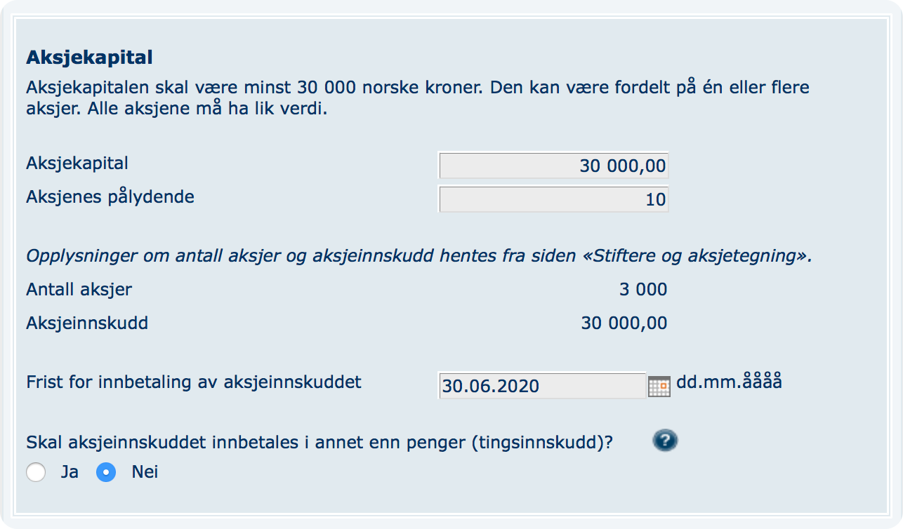 Skjermbilde fra Altinn som viser tredje steg av skjemaet stiftelse av aksjeselskap