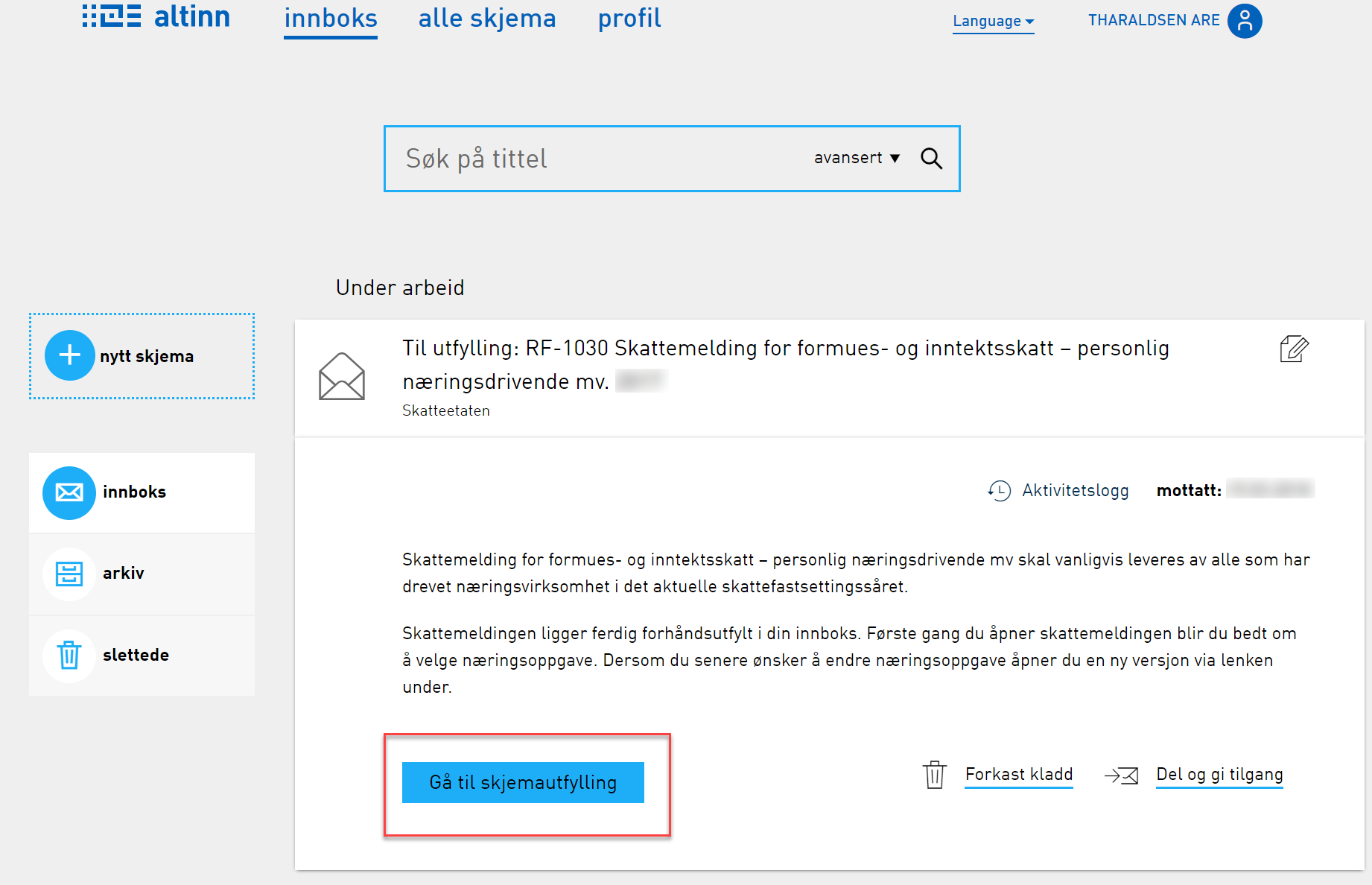 Skjermbilde fra Altinn som viser første steg i innsending av skattemeldingen