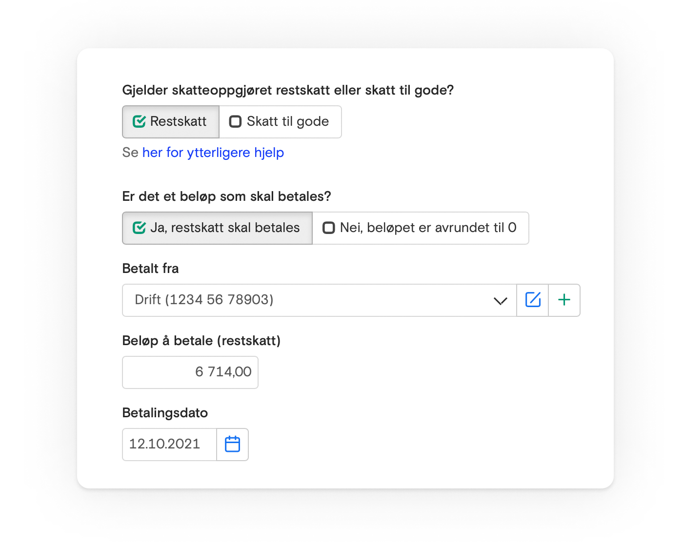Skjermbilde fra Fiken som viser registrering av skatteoppgjøret