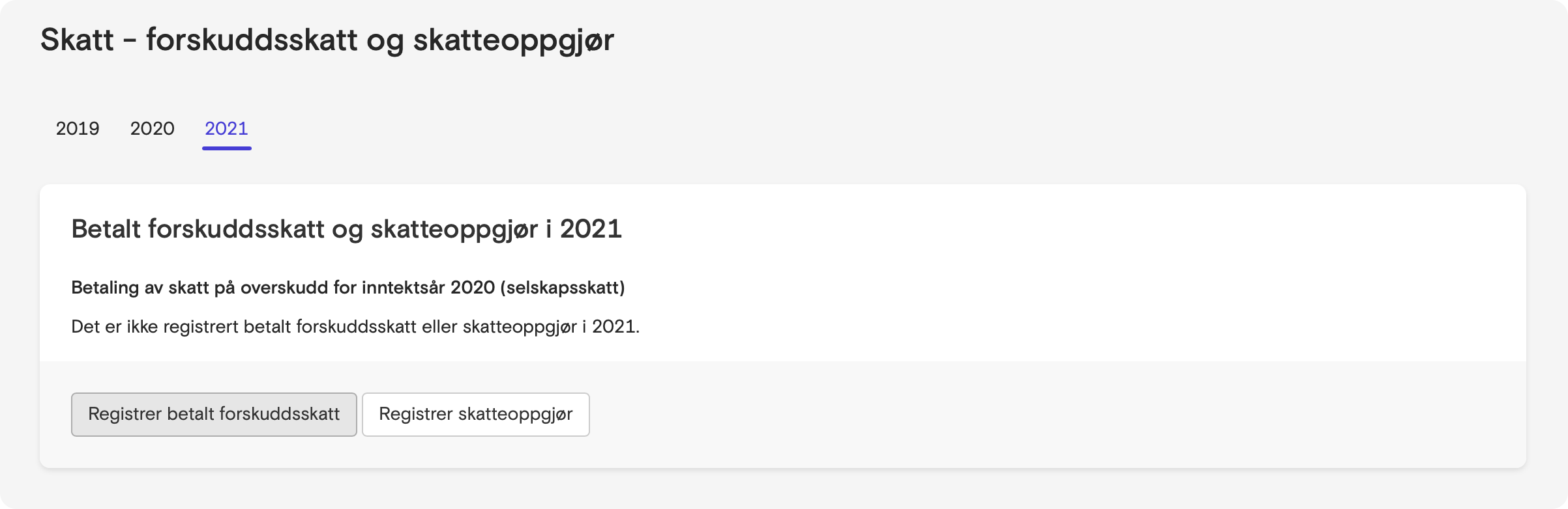 Skjermbilde som viser registrering av forskuddsskatt for AS i Fiken