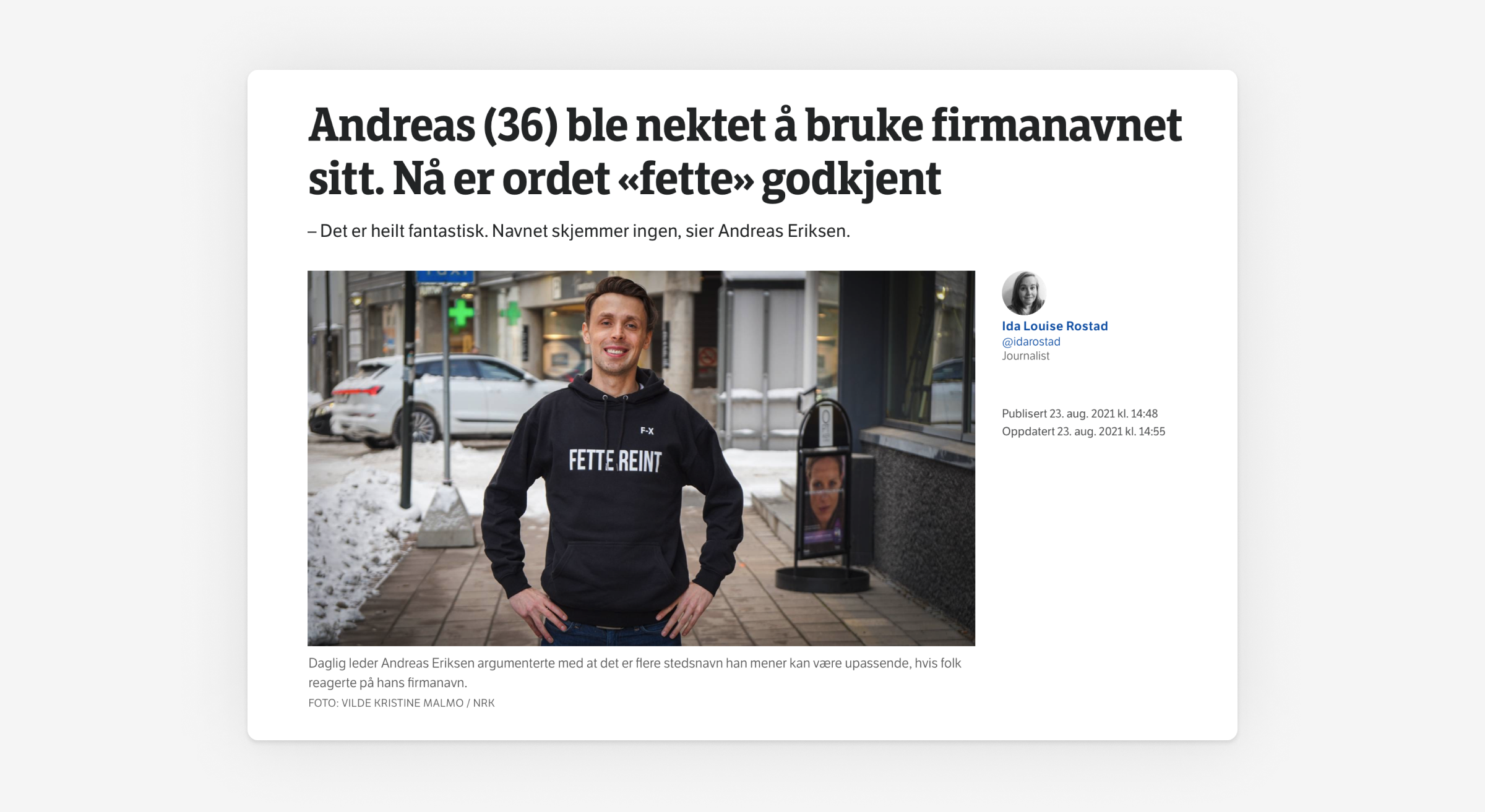 Skjermbilde av et nyhetssak fra NRK som viser at firmanavnet Fette Reint er blitt godkjent.