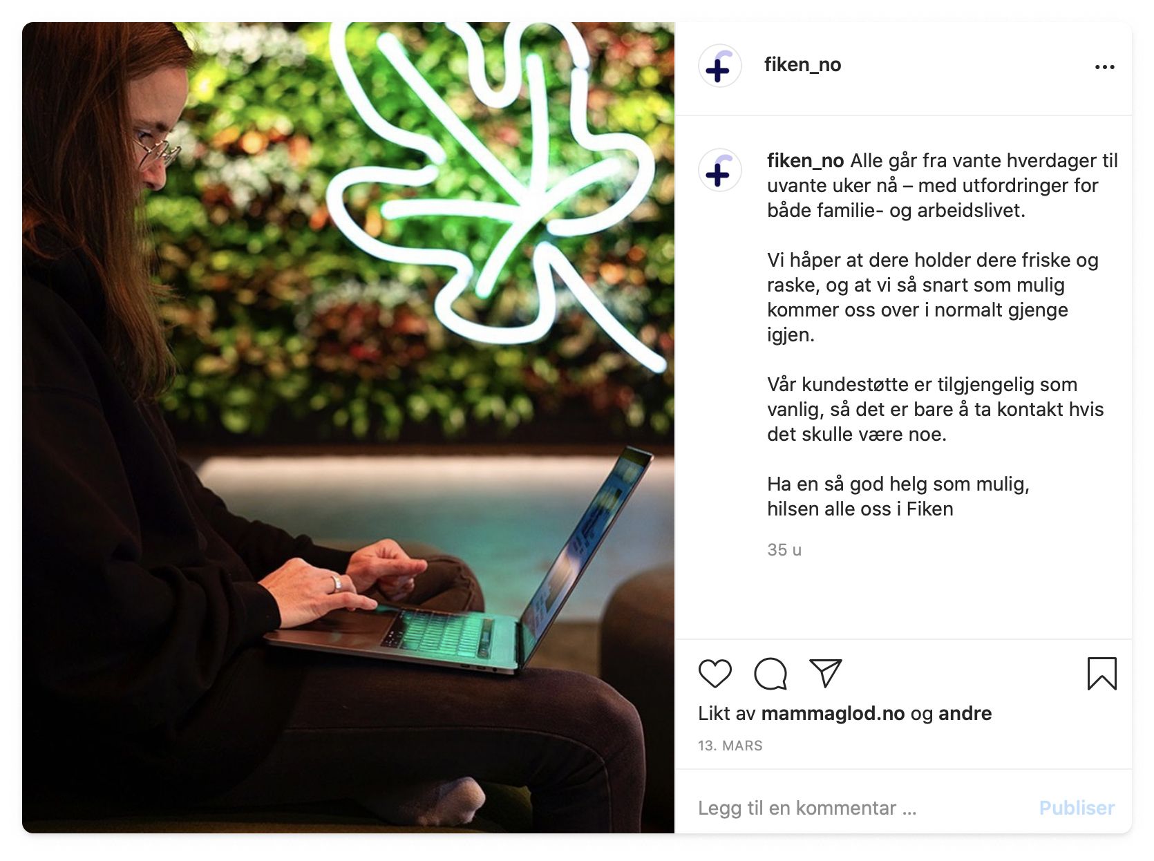 Skjermbilde som viser Fikens Instagram-innlegg om covid 19.