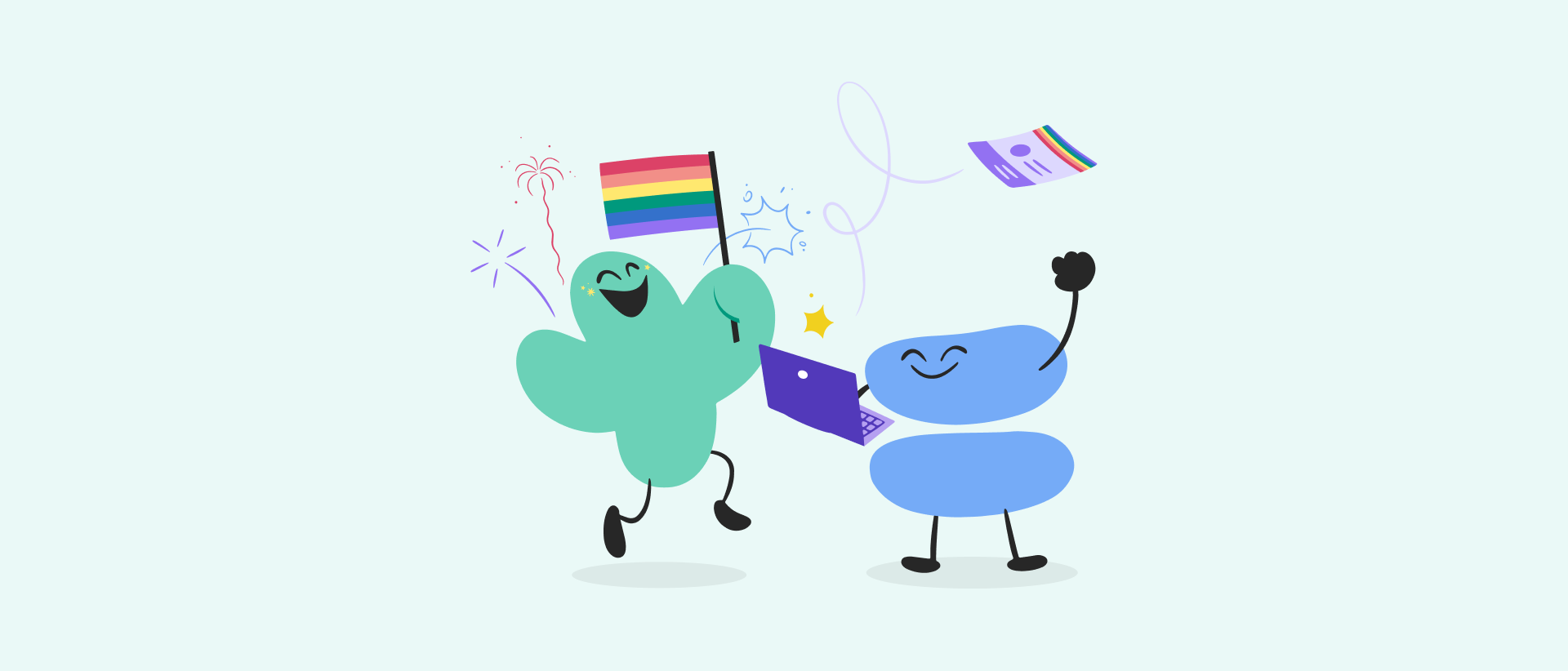 To figurer som feirer Pride. En pluss-figur veiver med et Pride-flagg. En er-lik-figur kaster en regnbue-faktura i luften.