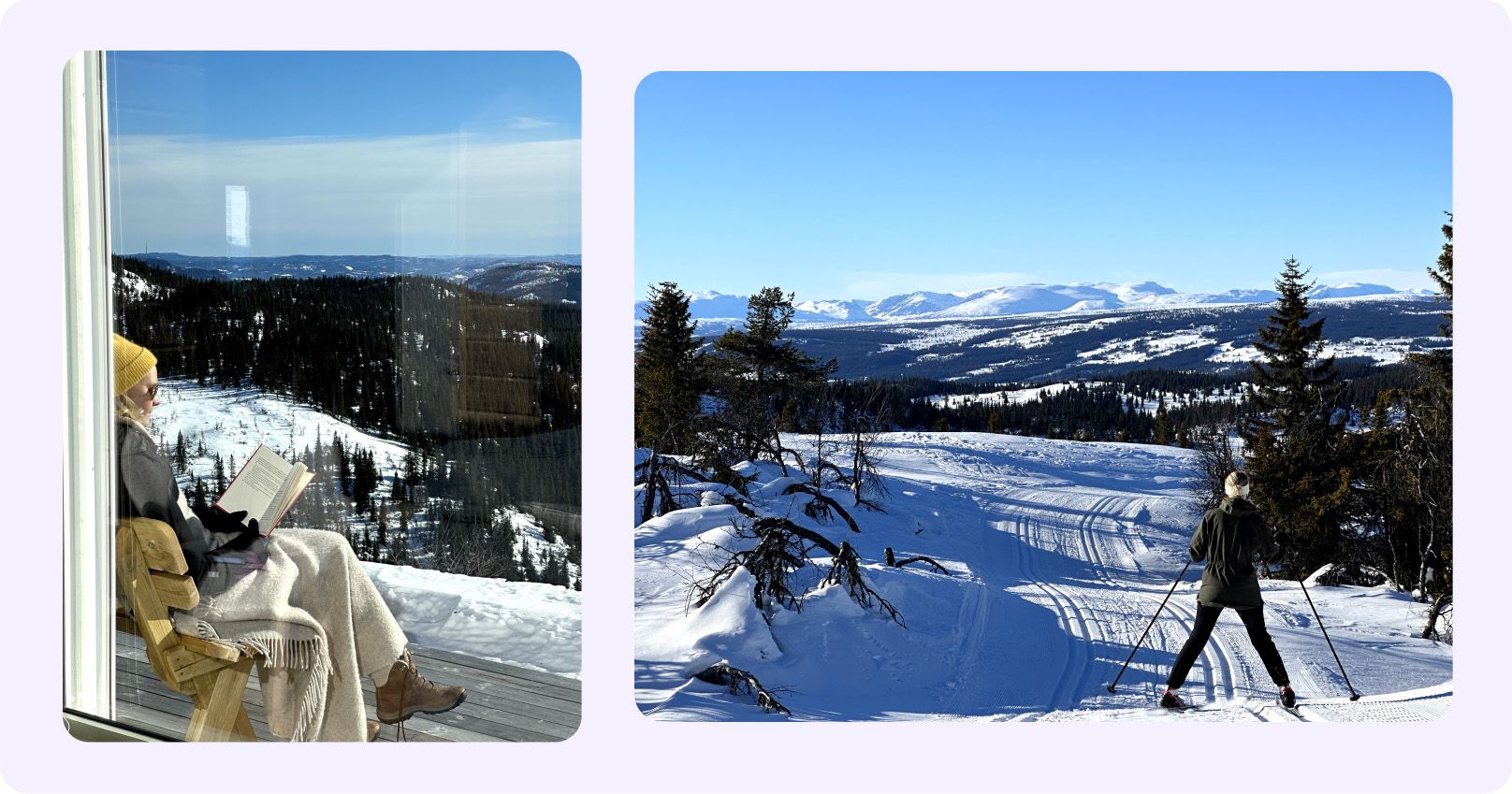 Fotografier av artikkelforfatteren som leser og står på ski på fjellet