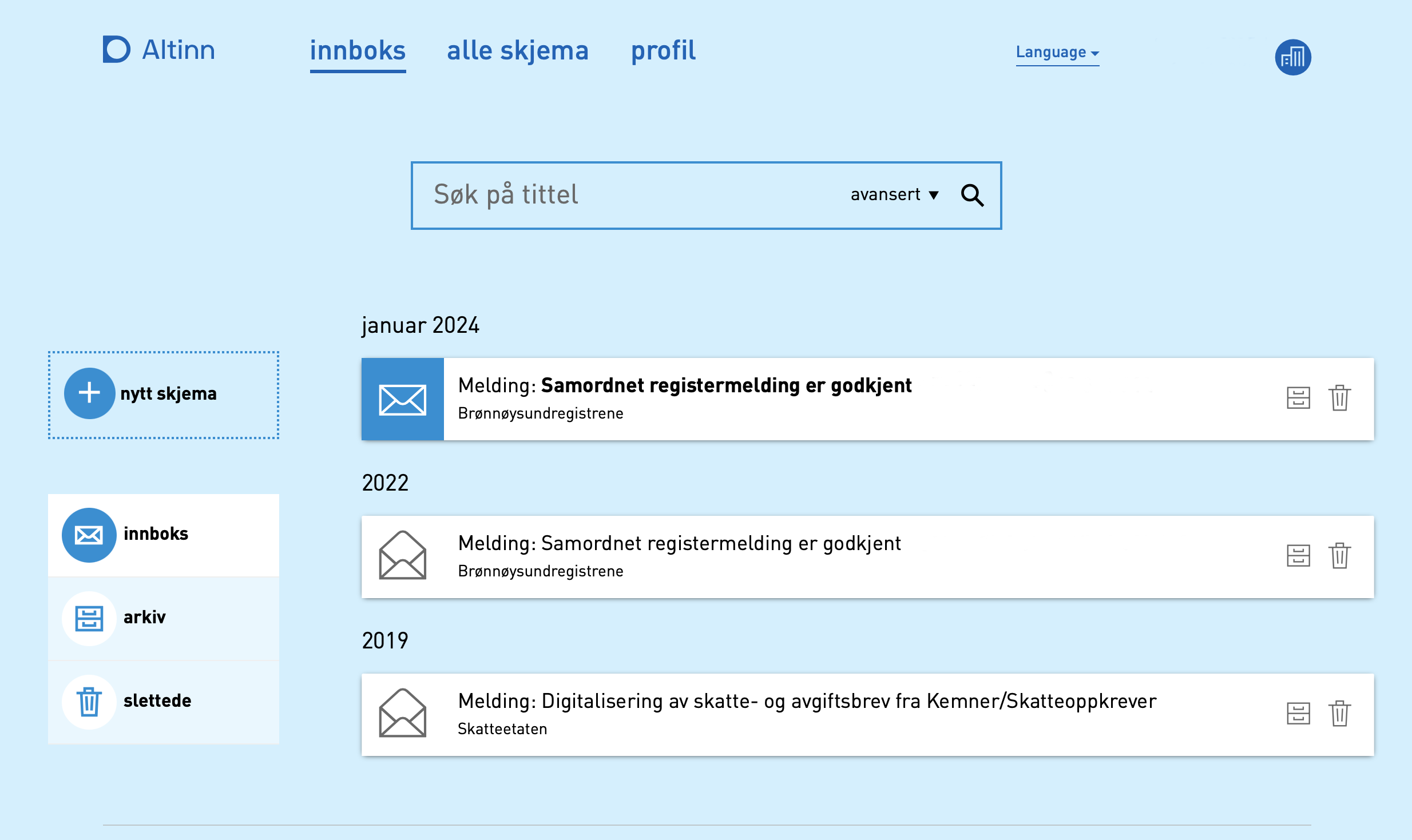 Skjermbilde som viser Samordnet registermelding til signering i innboksen i Altinn. 