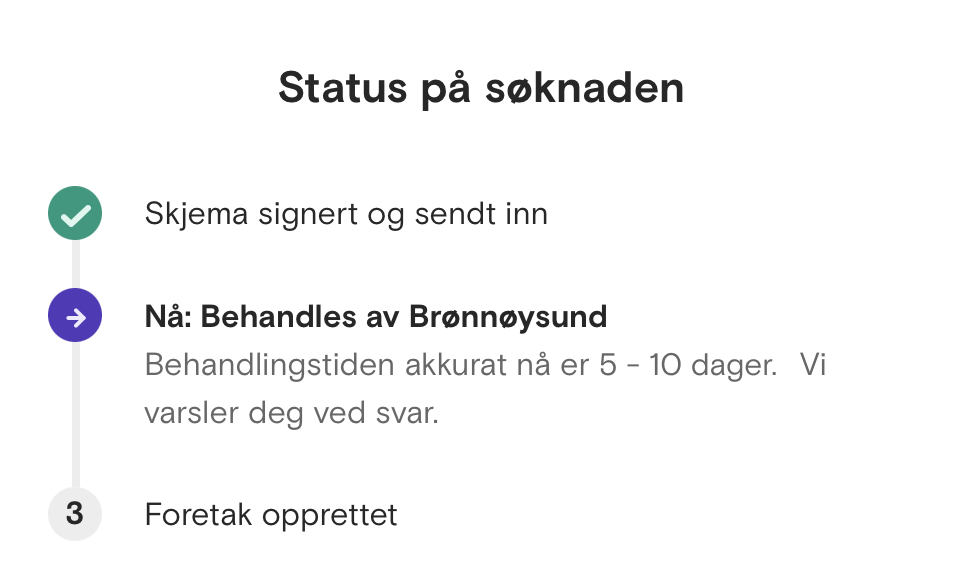 Skjermbilde som viser oppdatert behandlingstid i Brønnøysund i søknaden