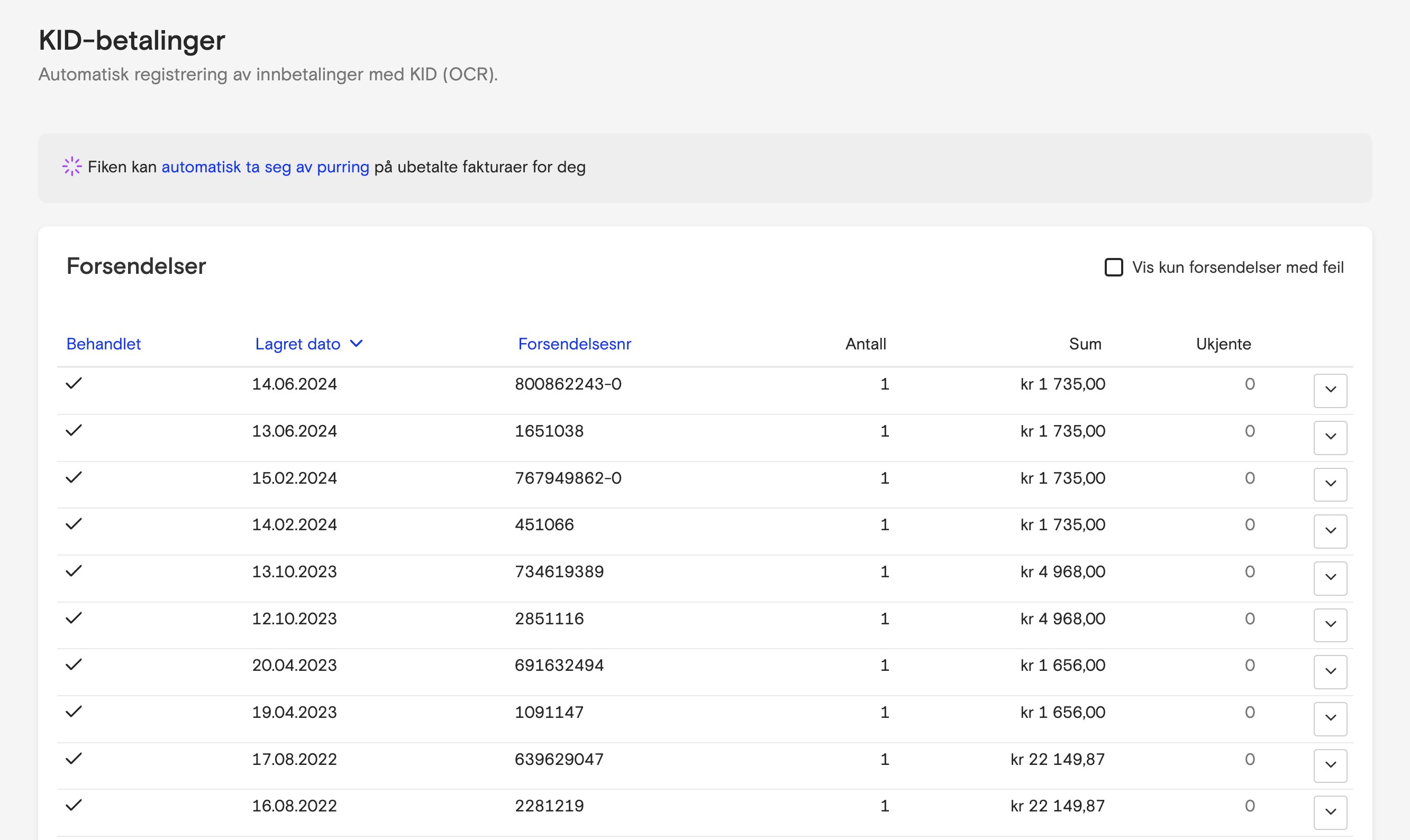 Skjermbilde fra Fiken som viser oversikt over KID-innbetalinger