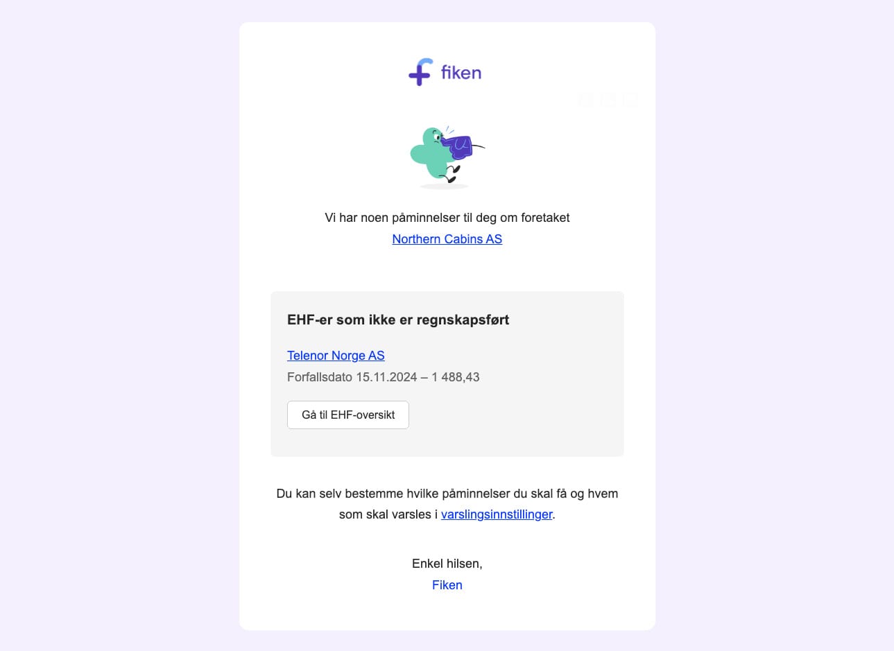 Skjermbilde av e-post fra Fiken som viser påminnelser om ting som bør følges opp i regnskapet