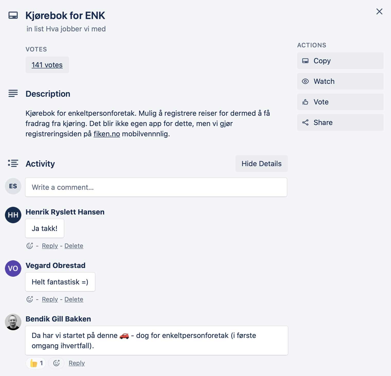 Screenshot av vårt Trello roadmap