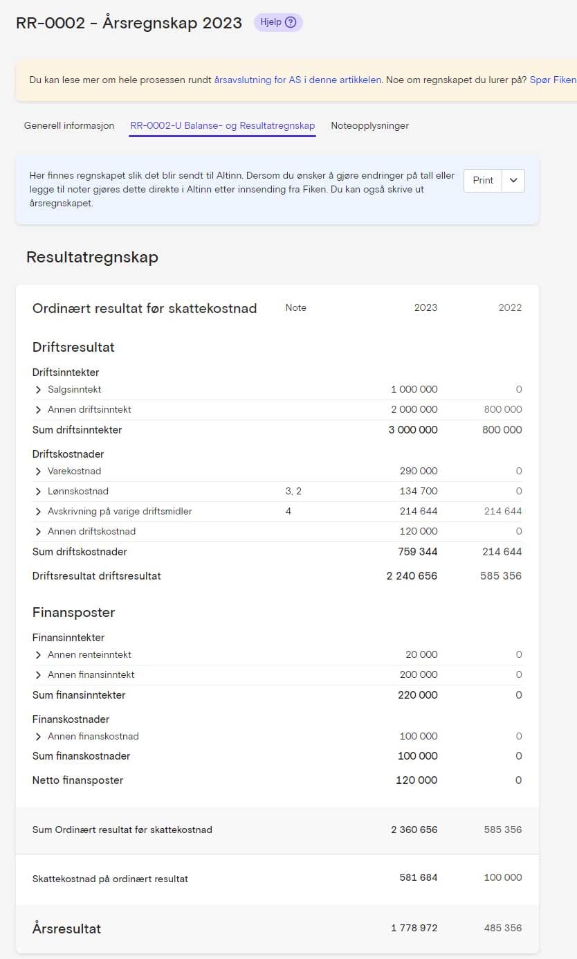Skjermbilde som viser eksempel på årsregnskap i Fiken.