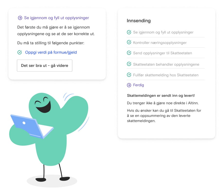 Illustrasjon som viser beskjed du er ferdig med skattemeldingen.