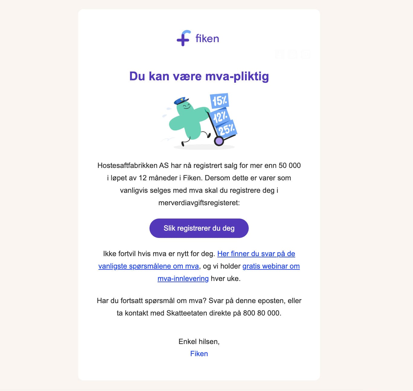Skjermbilde som viser påminnelse Fiken sender ut om registrering av i mva-registeret