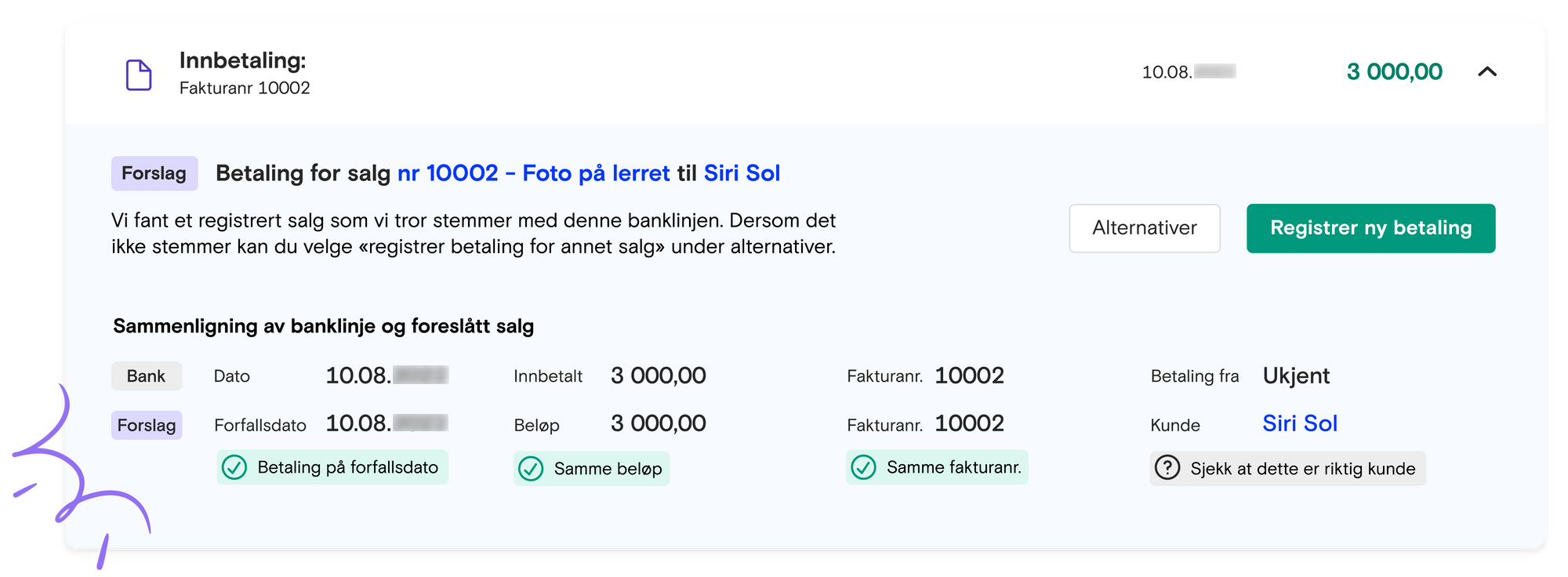Skjermbilde fra Fiken som viser at Fiken foreslår hvilke bilag som hører sammen med hvilke banklinjer.