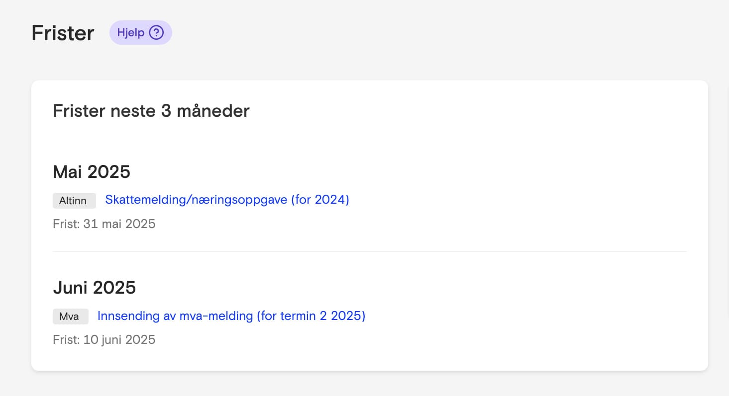 Oversikt over frister i Fiken – tre måneder frem i tid.