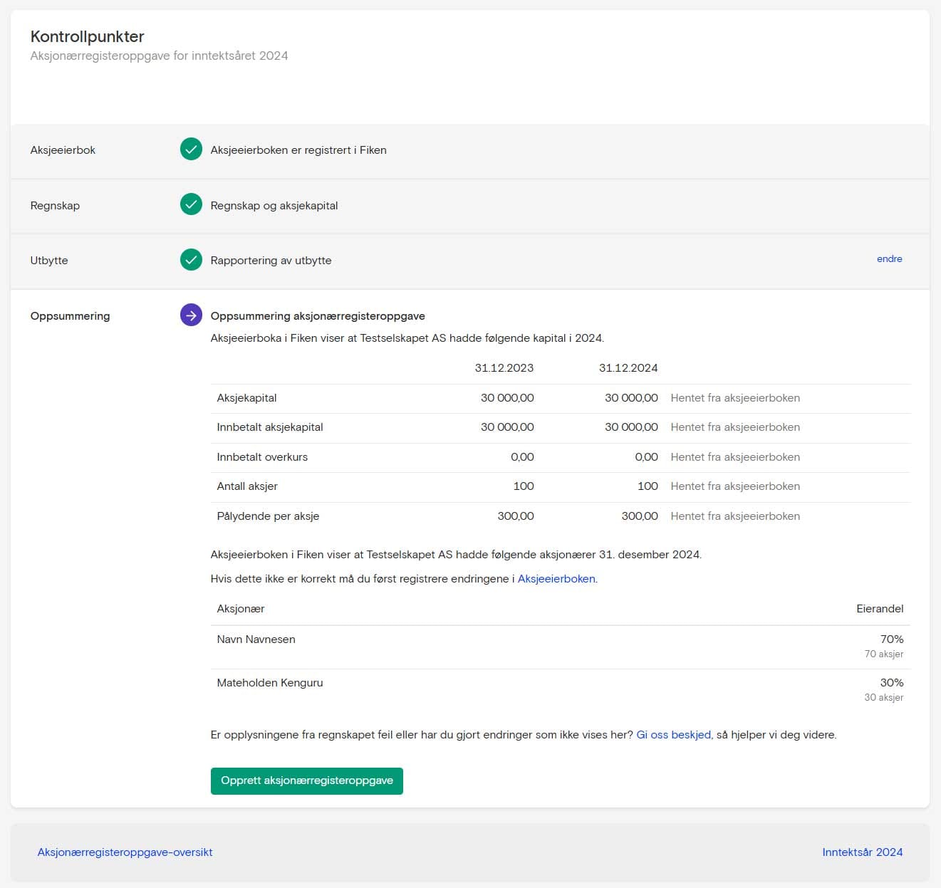 Skjermbilde fra Fiken som viser innlevering av aksjsonærregisteroppgave