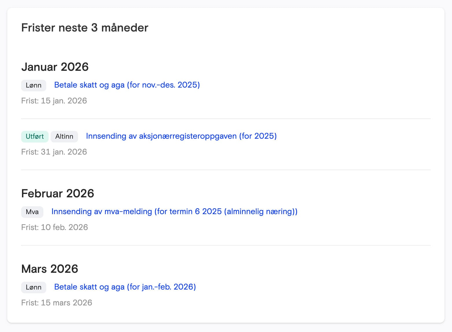 Skjermbilde av frister tre måneder frem i tid inne i Fiken