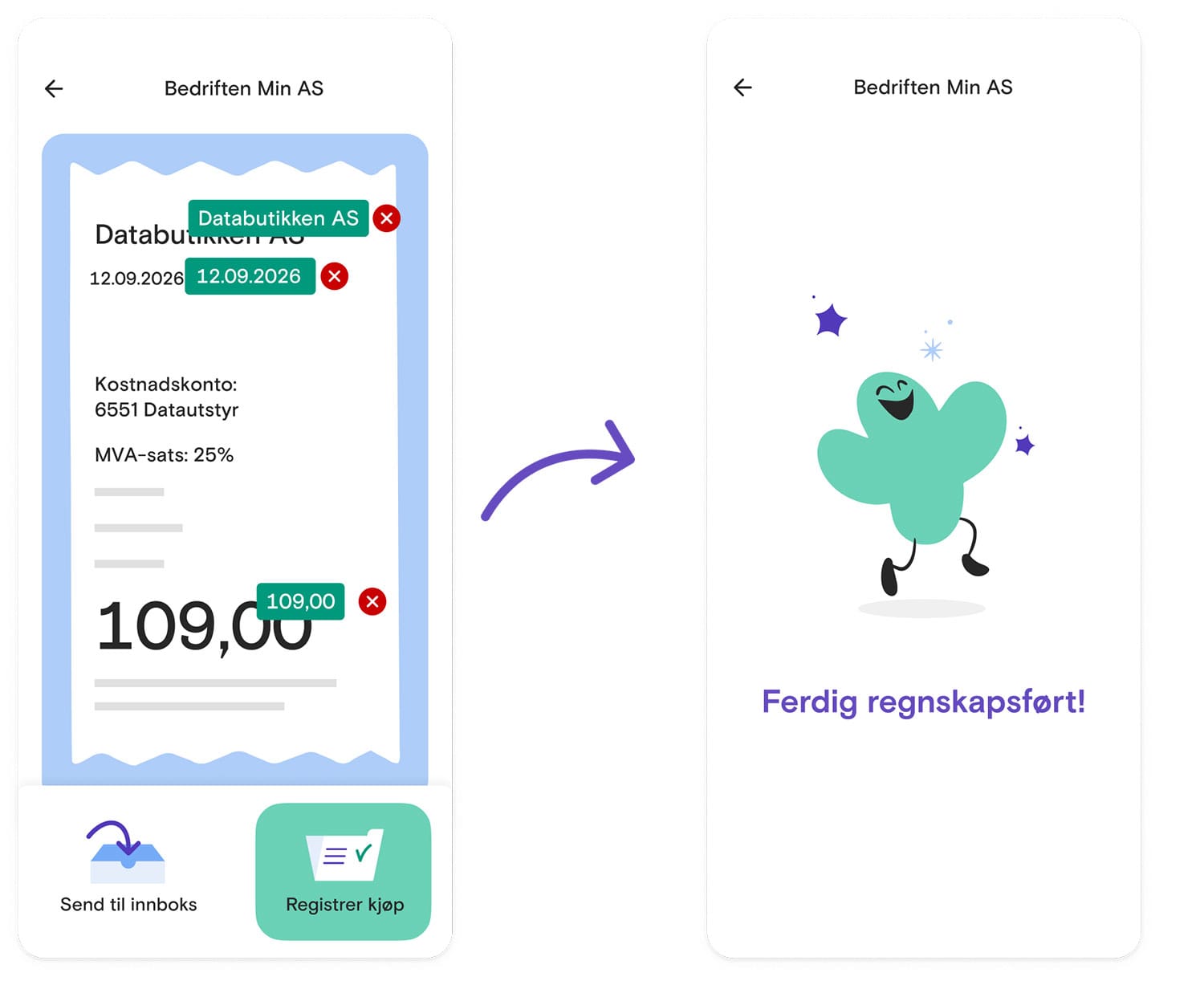 Illustrasjon som viser hvordan Fikens kvitterings-app fungerer