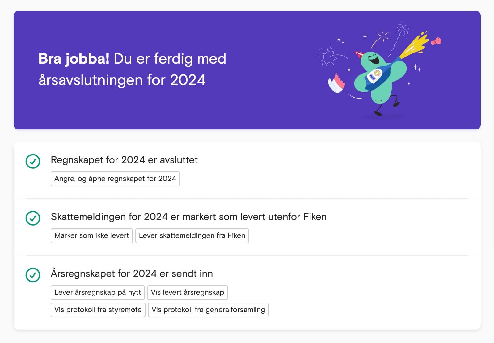 Skjermbildet fra Fiken som at et regnskapsår er avsluttet
