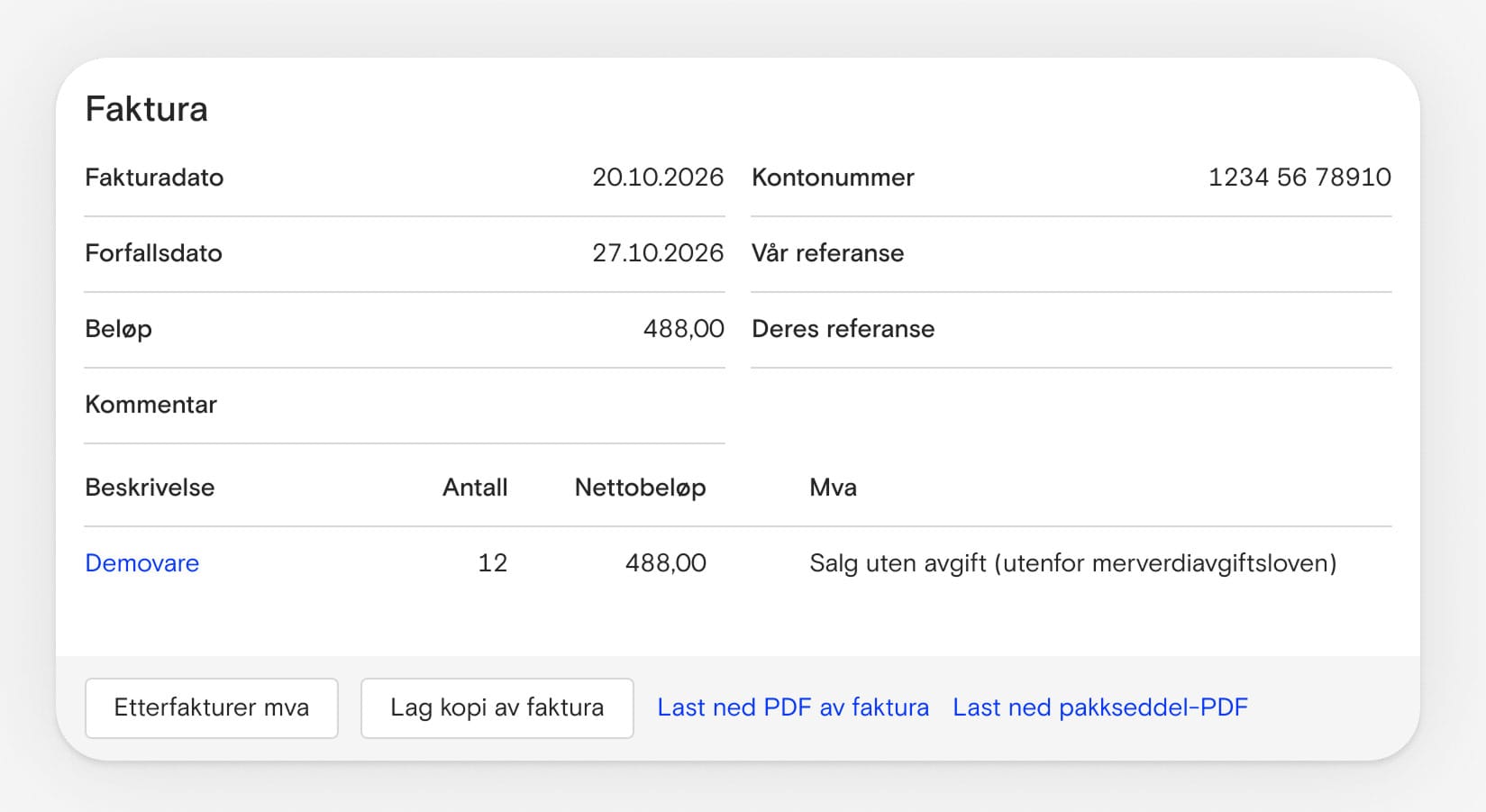 Skjermbilde som viser funksjon for etterfakturering i Fiken