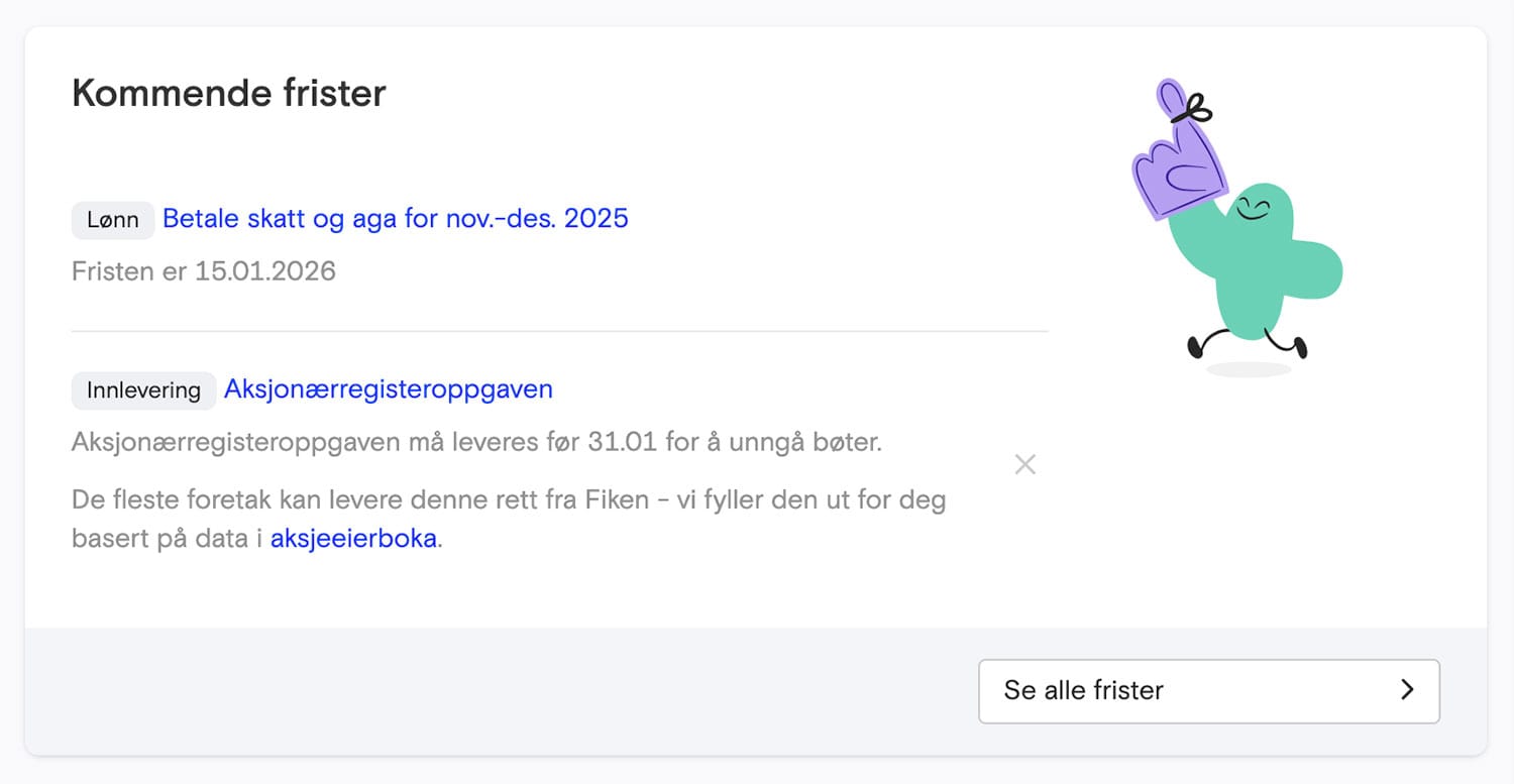 Skjermbilde fra Fiken som viser påminnelser om frister basert på regnskapet ditt